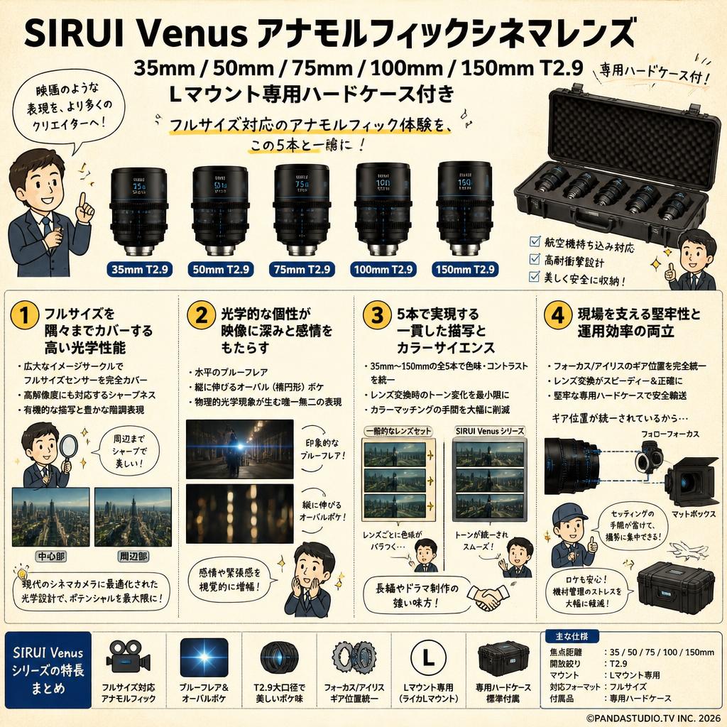 SIRUI Venus アナモルフィックシネマ レンズ 35mm / 50mm / 75mm / 100mm / 150mm T2.9 Lマウント専用ハードケース付き 概要