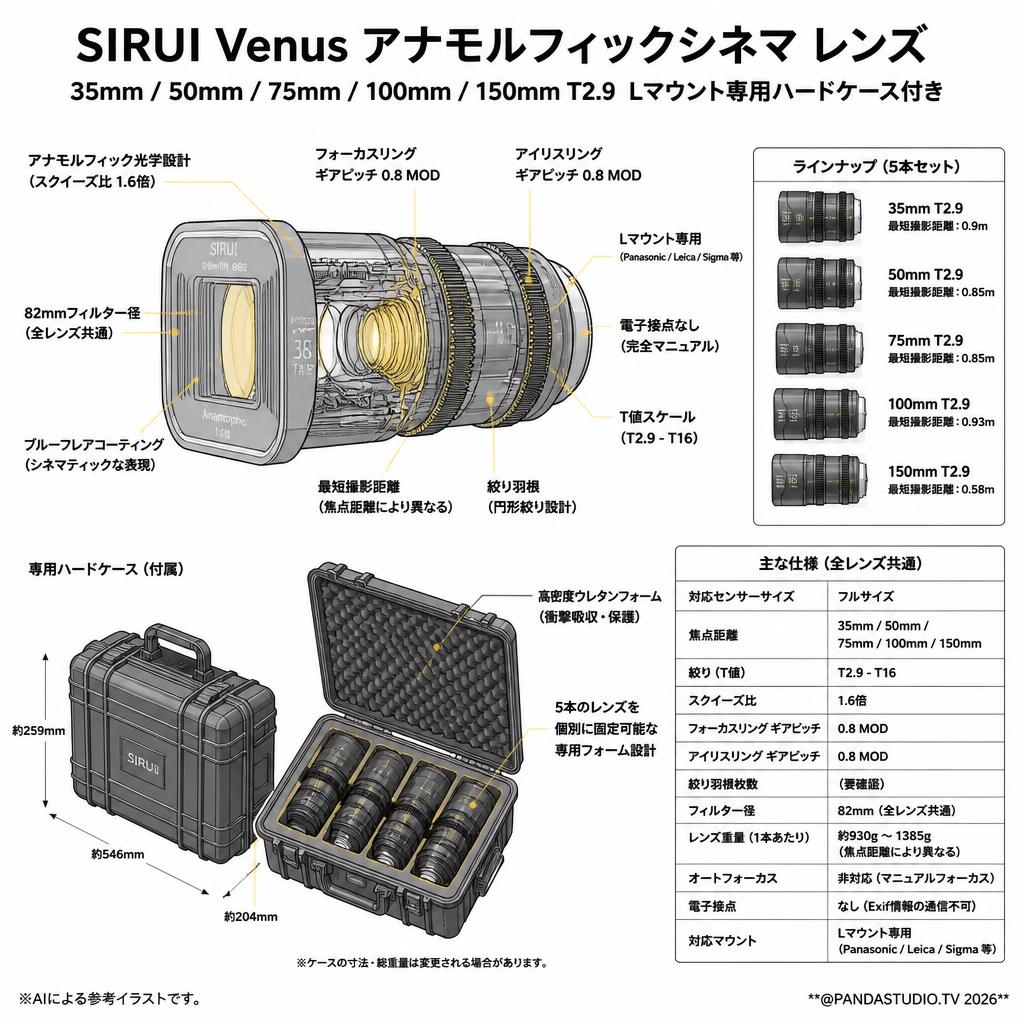 SIRUI Venus アナモルフィックシネマ レンズ 35mm / 50mm / 75mm / 100mm / 150mm T2.9 Lマウント専用ハードケース付き スペック