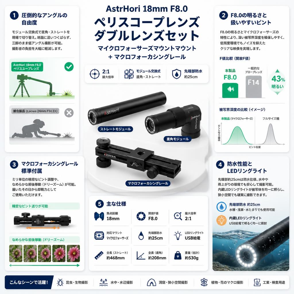 AstrHori 18mm F8.0 Macro 2:1 ペリスコープレンズ ダブルレンズセット マイクロフォーサーズマウントマウント ＋マクロフォーカシングレール セールスポイント