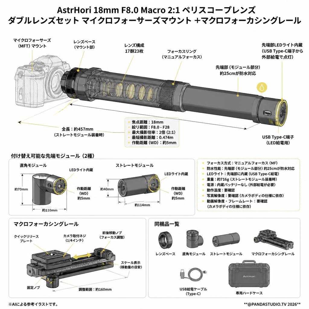 AstrHori 18mm F8.0 Macro 2:1 ペリスコープレンズ ダブルレンズセット マイクロフォーサーズマウントマウント ＋マクロフォーカシングレール スペック