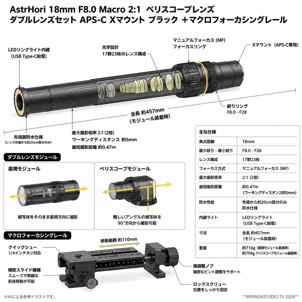 AstrHori 18mm F8.0 Macro 2:1 ペリスコープレンズ ダブルレンズセット APS-C Xマウント ブラック ＋マクロフォーカシングレール スペック