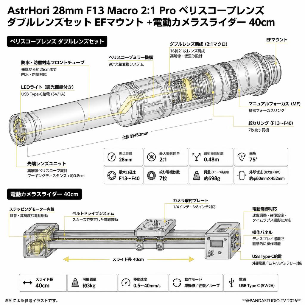 AstrHori 28mm F13 Macro 2:1 Pro ペリスコープレンズ ダブルレンズセット EFマウント ＋電動カメラスライダー 40cm スペック