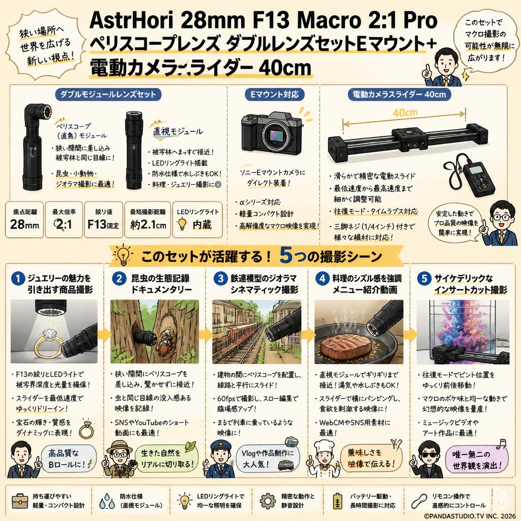 AstrHori 28mm F13 Macro 2:1 Pro ペリスコープレンズ ダブルレンズセットEマウント＋ 電動カメラスライダー 40cm 用途