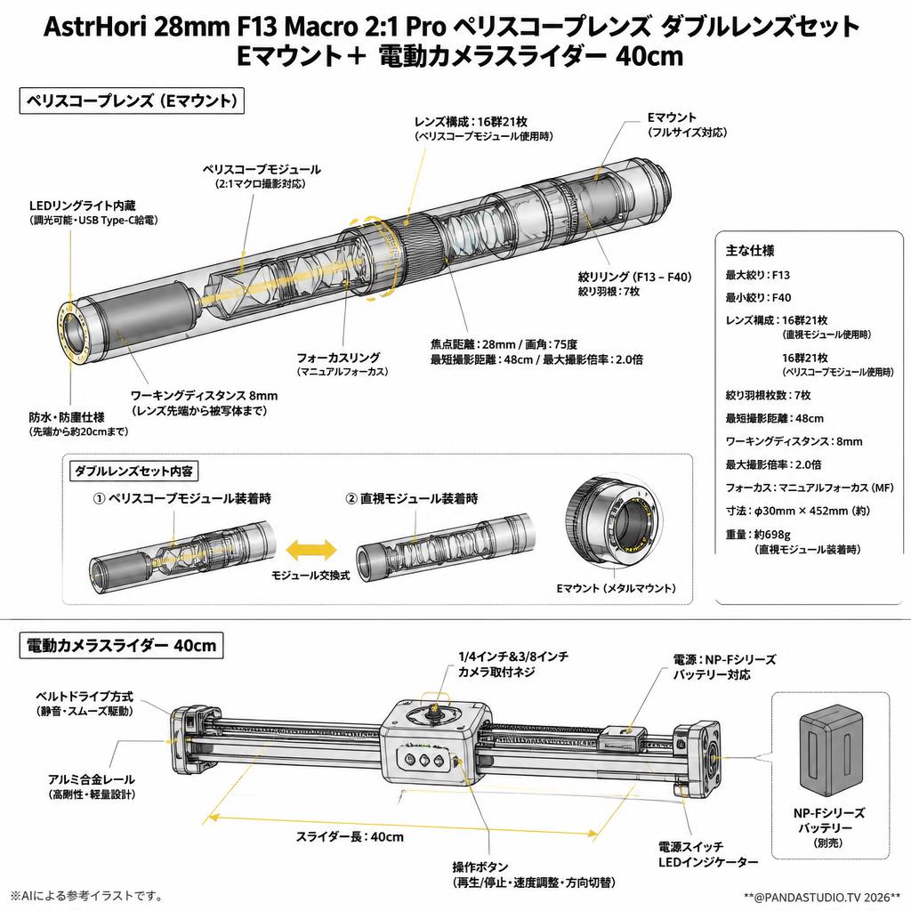 AstrHori 28mm F13 Macro 2:1 Pro ペリスコープレンズ ダブルレンズセットEマウント＋ 電動カメラスライダー 40cm スペック