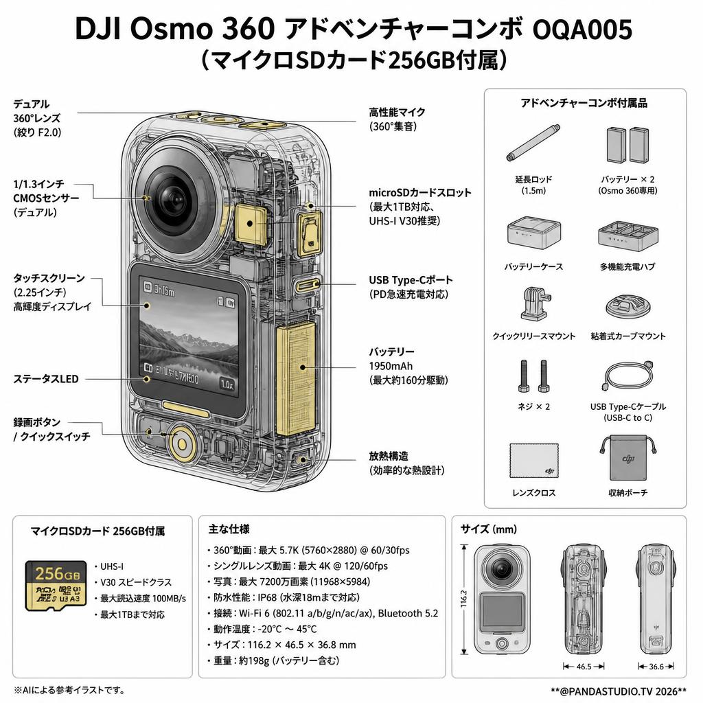 DJI Osmo 360 アドベンチャーコンボ OQA005 (マイクロSDカード256GB付属) スペック