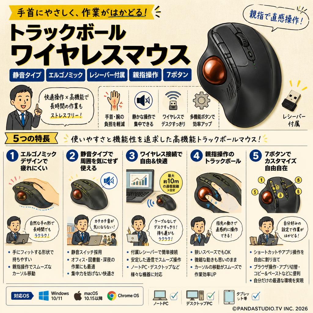 トラックボール ワイヤレスマウス 静音タイプ エルゴノミック トラックボールマウス レシーバー付属 親指操作 7ボタン 概要
