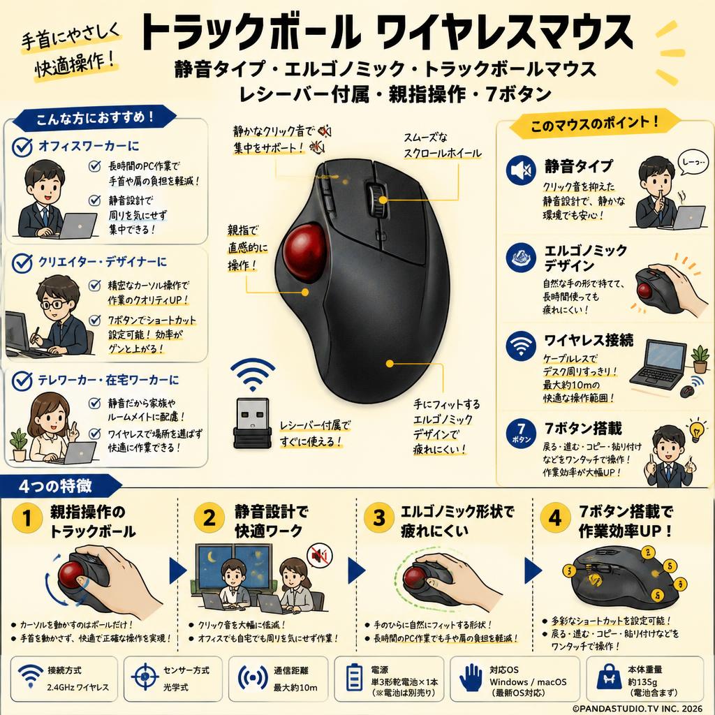 トラックボール ワイヤレスマウス 静音タイプ エルゴノミック トラックボールマウス レシーバー付属 親指操作 7ボタン おもな対象のお客様