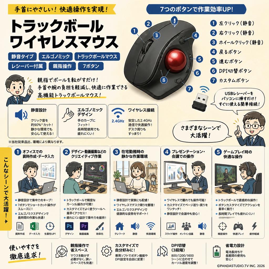 トラックボール ワイヤレスマウス 静音タイプ エルゴノミック トラックボールマウス レシーバー付属 親指操作 7ボタン 用途
