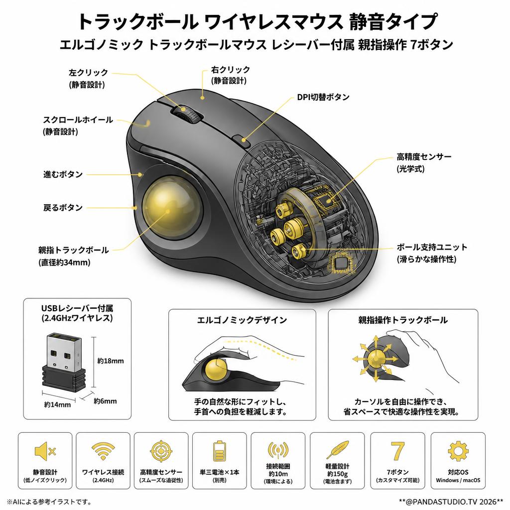 トラックボール ワイヤレスマウス 静音タイプ エルゴノミック トラックボールマウス レシーバー付属 親指操作 7ボタン スペック