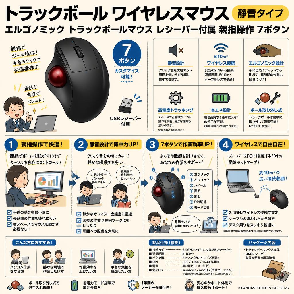 トラックボール ワイヤレスマウス 静音タイプ エルゴノミック トラックボールマウス レシーバー付属 親指操作 7ボタン FAQ（よくある質問と答え）
