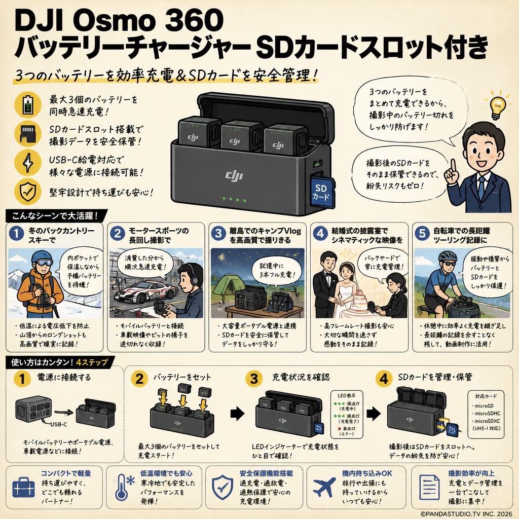 DJI Osmo 360 バッテリーチャージャー SDカードスロット付き 用途