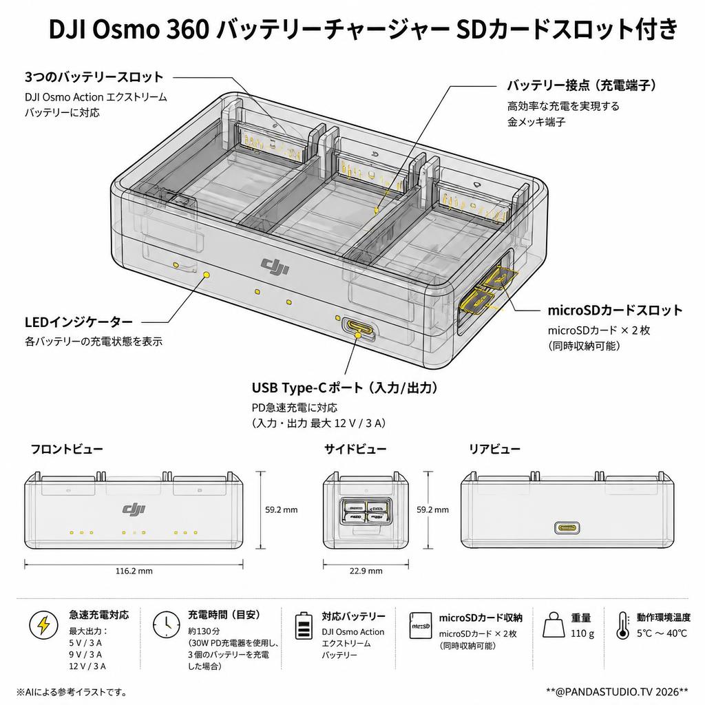 DJI Osmo 360 バッテリーチャージャー SDカードスロット付き スペック