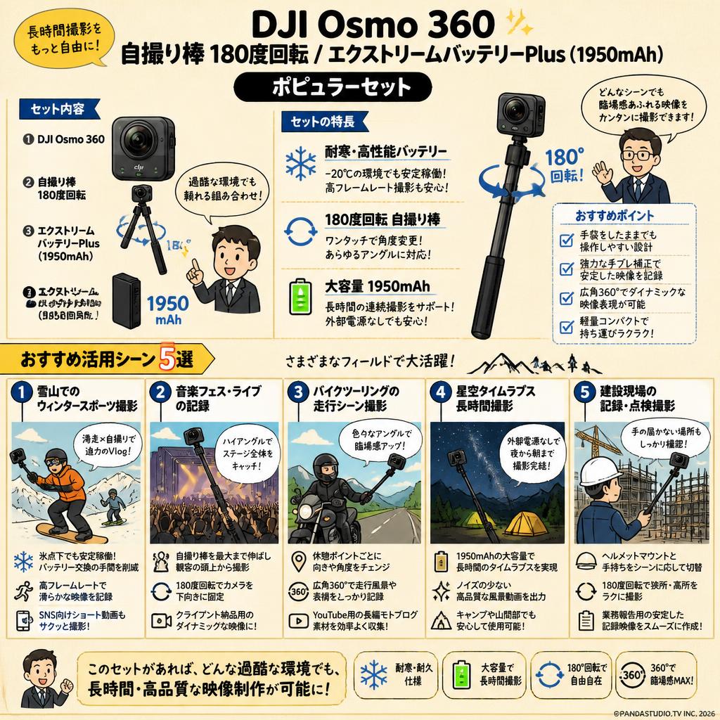 DJI Osmo 360 自撮り棒 180度回転 / エクストリームバッテリーPlus（1950 mAh) ポピュラーセット 用途