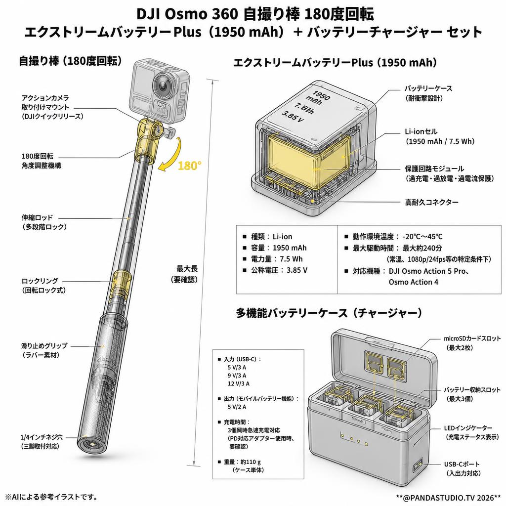 DJI Osmo 360 自撮り棒 180度回転 エクストリームバッテリーPlus（1950 mAh) ＋バッテリーチャージャー セット スペック