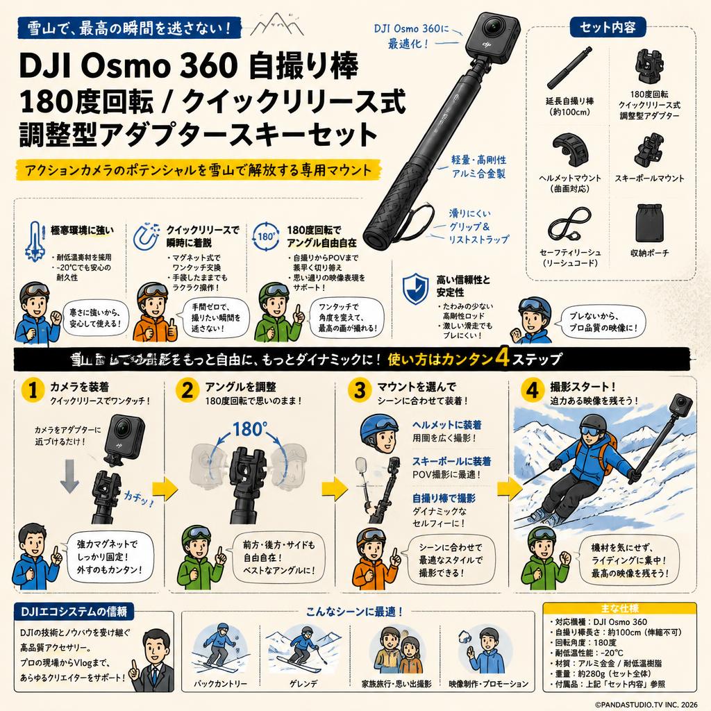 DJI Osmo 360 自撮り棒 180度回転 / クイックリリース式調整型アダプタースキーセット 概要