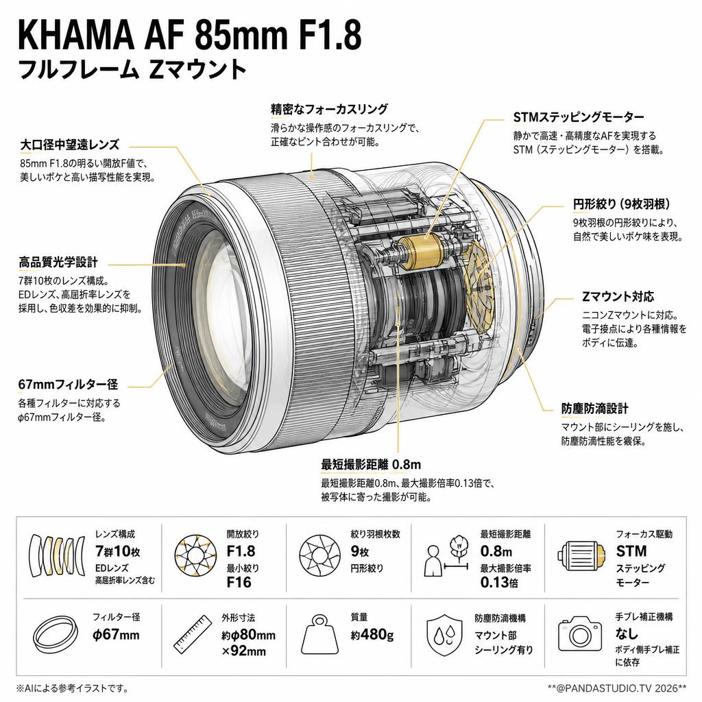 KHAMA AF 85mm F1.8 フルフレーム Zマウント スペック
