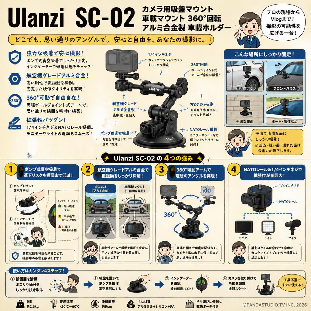 Ulanzi SC-02 カメラ用吸盤マウント 車載マウント 360°回転 アルミ合金製 車載ホルダー 概要