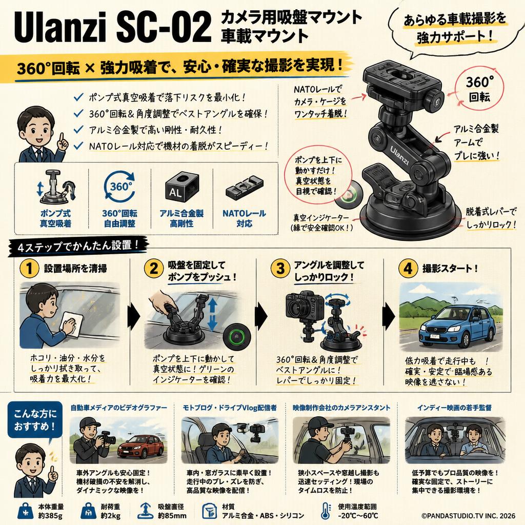 Ulanzi SC-02 カメラ用吸盤マウント 車載マウント 360°回転 アルミ合金製 車載ホルダー おもな対象のお客様
