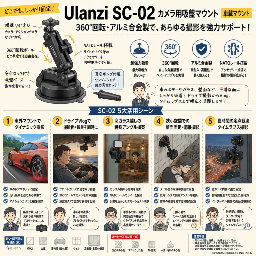 Ulanzi SC-02 カメラ用吸盤マウント 車載マウント 360°回転 アルミ合金製 車載ホルダー 用途