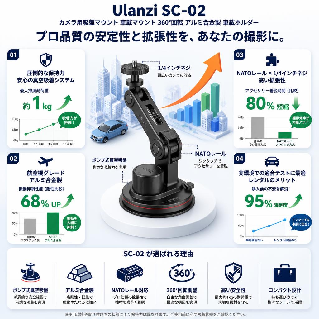 Ulanzi SC-02 カメラ用吸盤マウント 車載マウント 360°回転 アルミ合金製 車載ホルダー セールスポイント