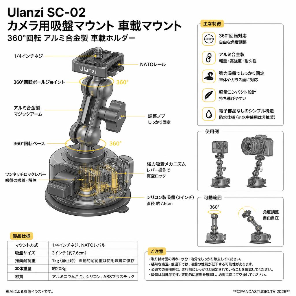 Ulanzi SC-02 カメラ用吸盤マウント 車載マウント 360°回転 アルミ合金製 車載ホルダー スペック