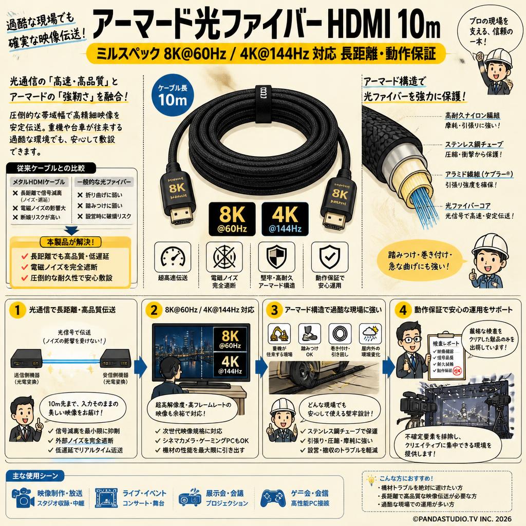 アーマード光ファイバー HDMI 10m ミルスペック 8K@60Hz / 4K@144Hz 対応 長距離・動作保証 概要