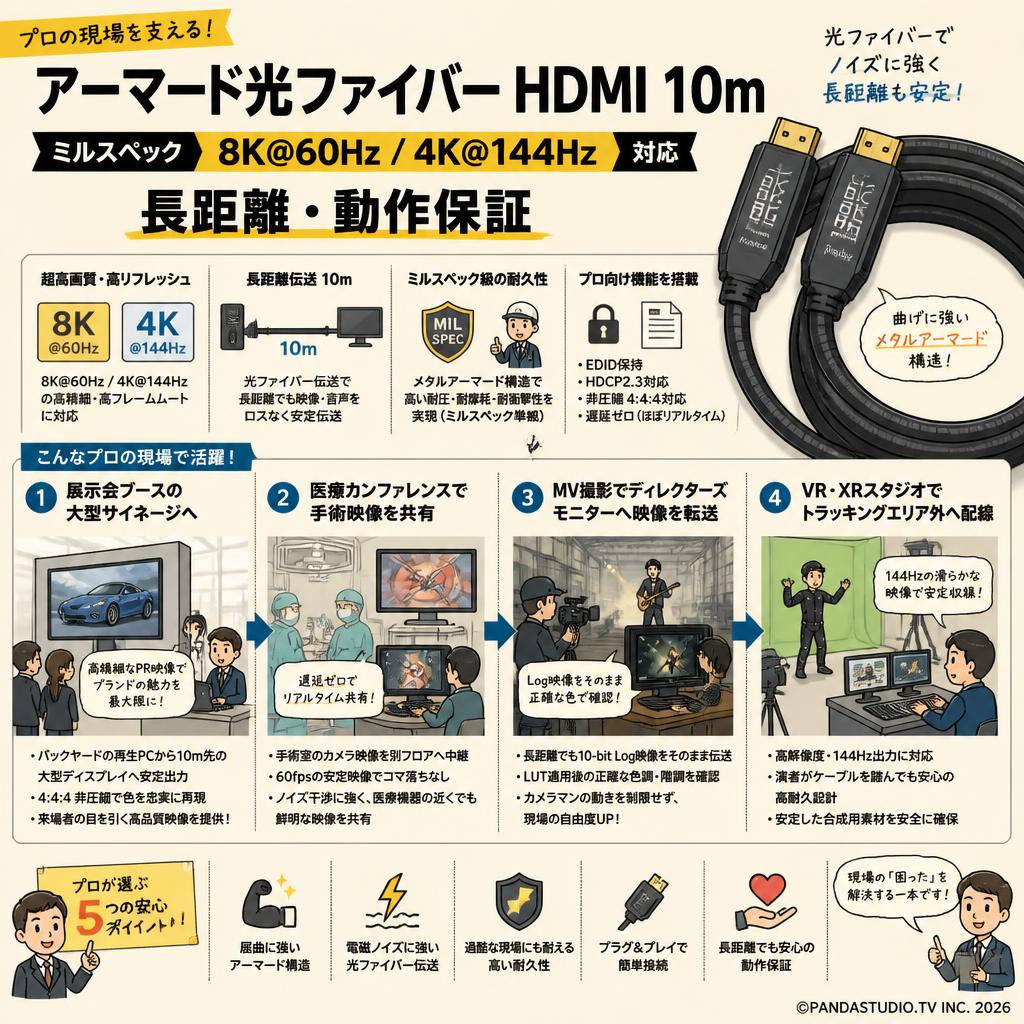 アーマード光ファイバー HDMI 10m ミルスペック 8K@60Hz / 4K@144Hz 対応 長距離・動作保証 用途