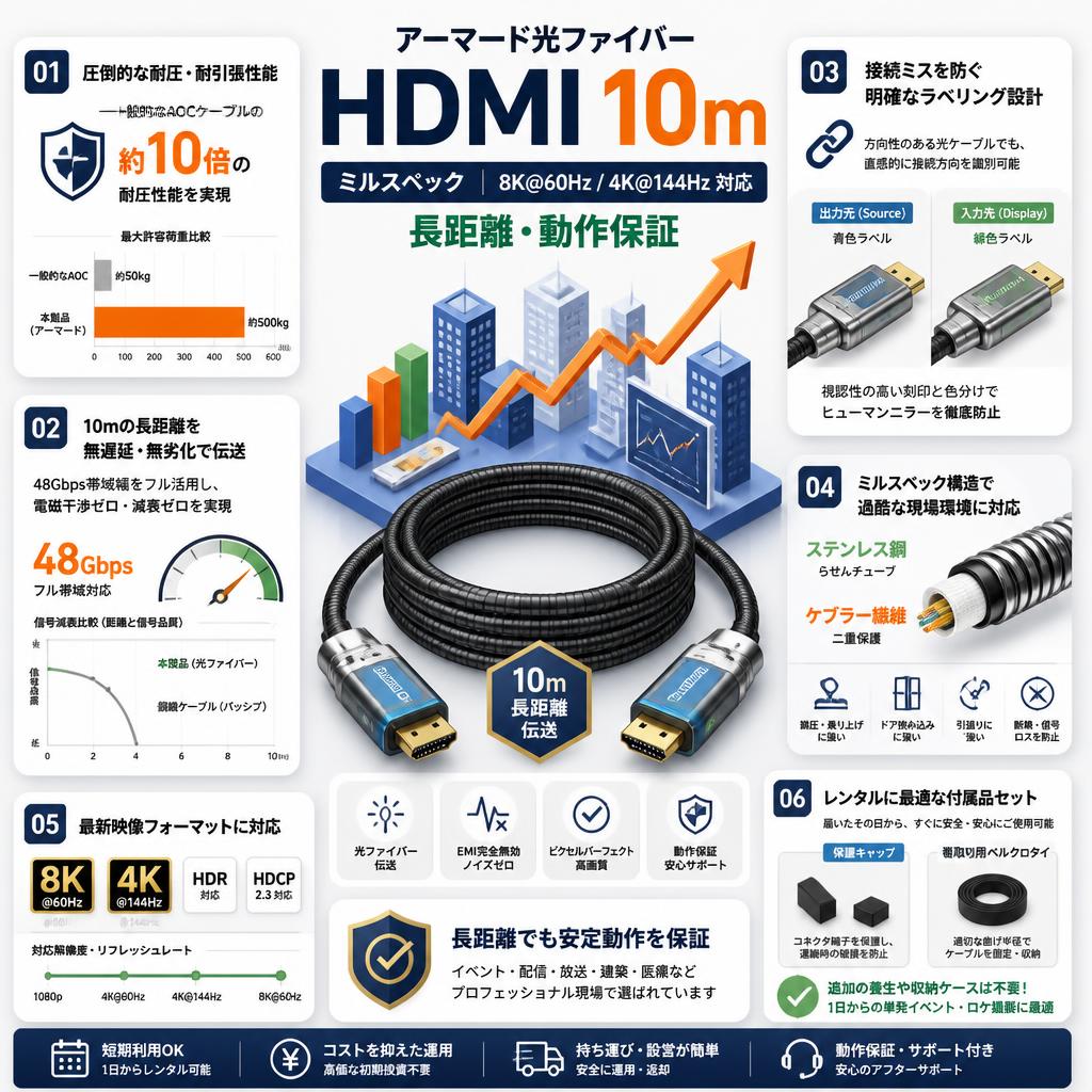 アーマード光ファイバー HDMI 10m ミルスペック 8K@60Hz / 4K@144Hz 対応 長距離・動作保証 セールスポイント