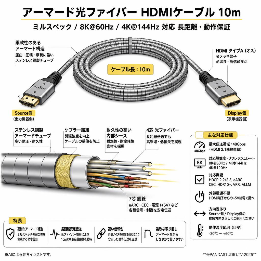 アーマード光ファイバー HDMI 10m ミルスペック 8K@60Hz / 4K@144Hz 対応 長距離・動作保証 スペック