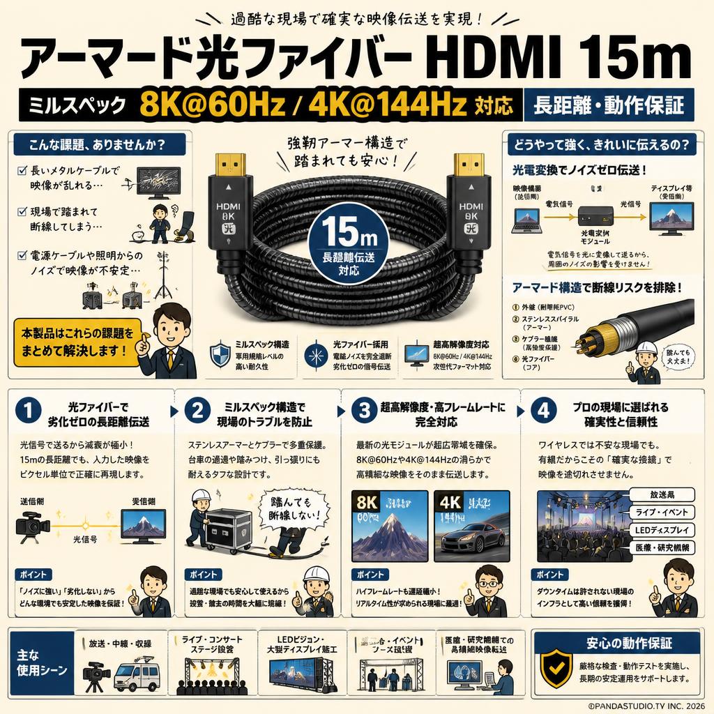 アーマード光ファイバー HDMI 15m ミルスペック 8K@60Hz / 4K@144Hz 対応 長距離・動作保証 概要