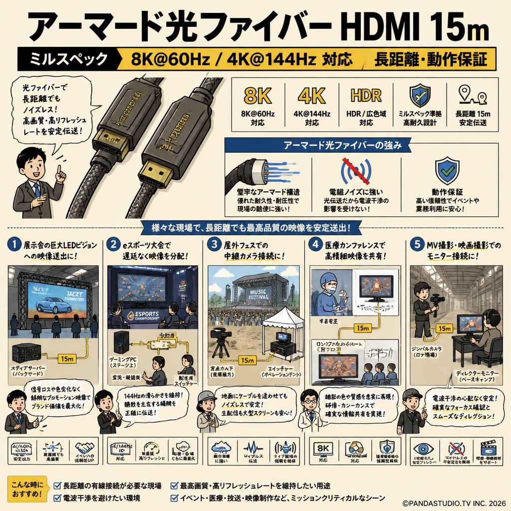 アーマード光ファイバー HDMI 15m ミルスペック 8K@60Hz / 4K@144Hz 対応 長距離・動作保証 用途