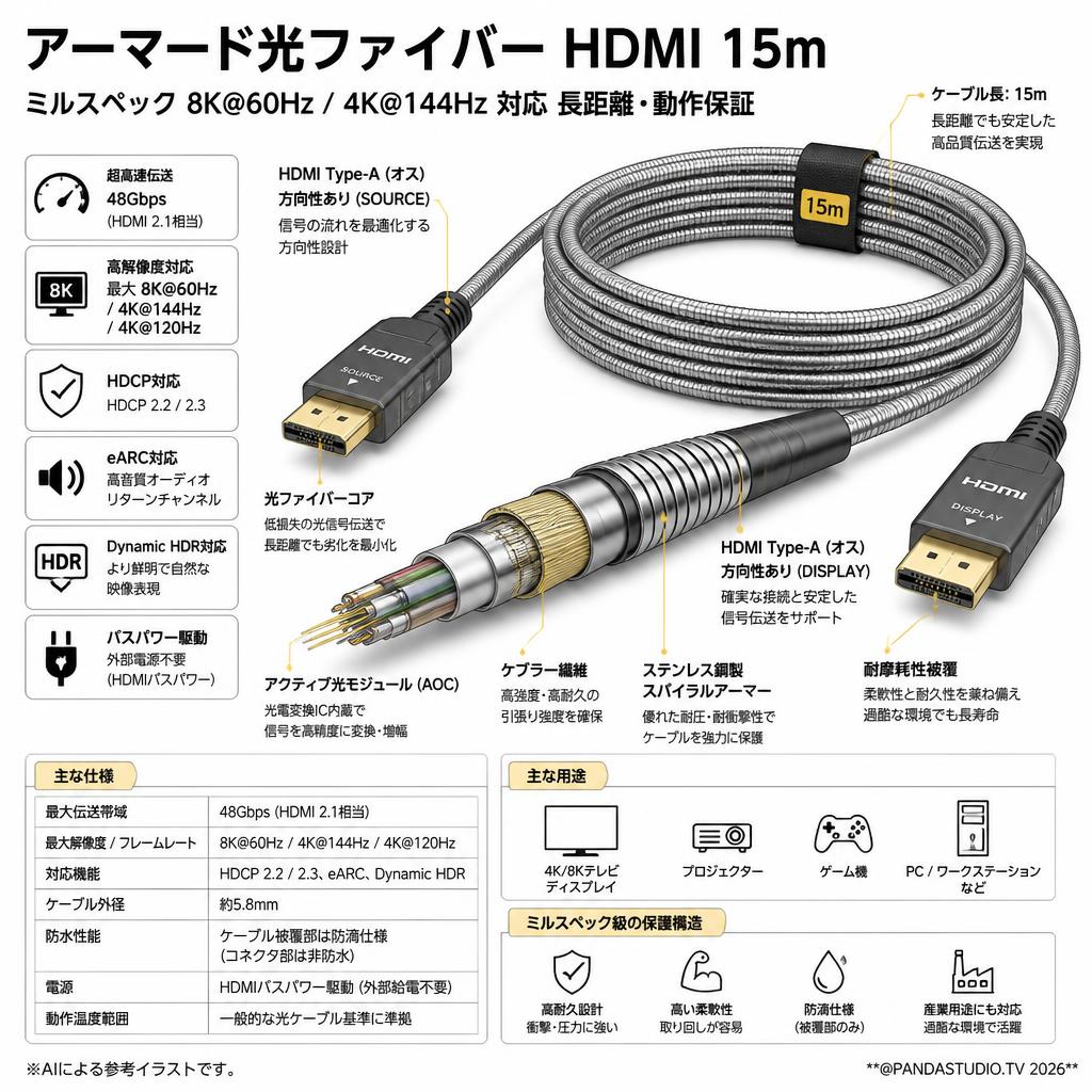 アーマード光ファイバー HDMI 15m ミルスペック 8K@60Hz / 4K@144Hz 対応 長距離・動作保証 スペック