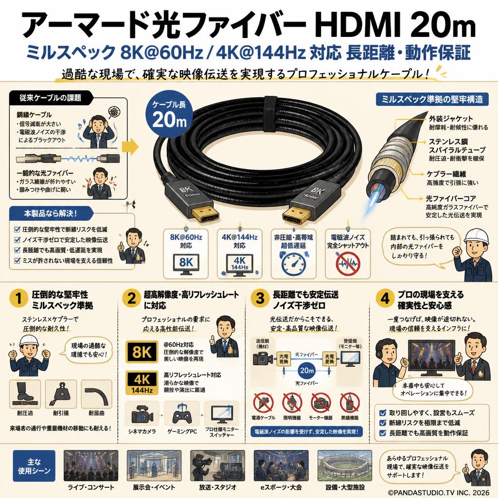 アーマード光ファイバー HDMI 20m ミルスペック 8K@60Hz / 4K@144Hz 対応 長距離・動作保証 概要