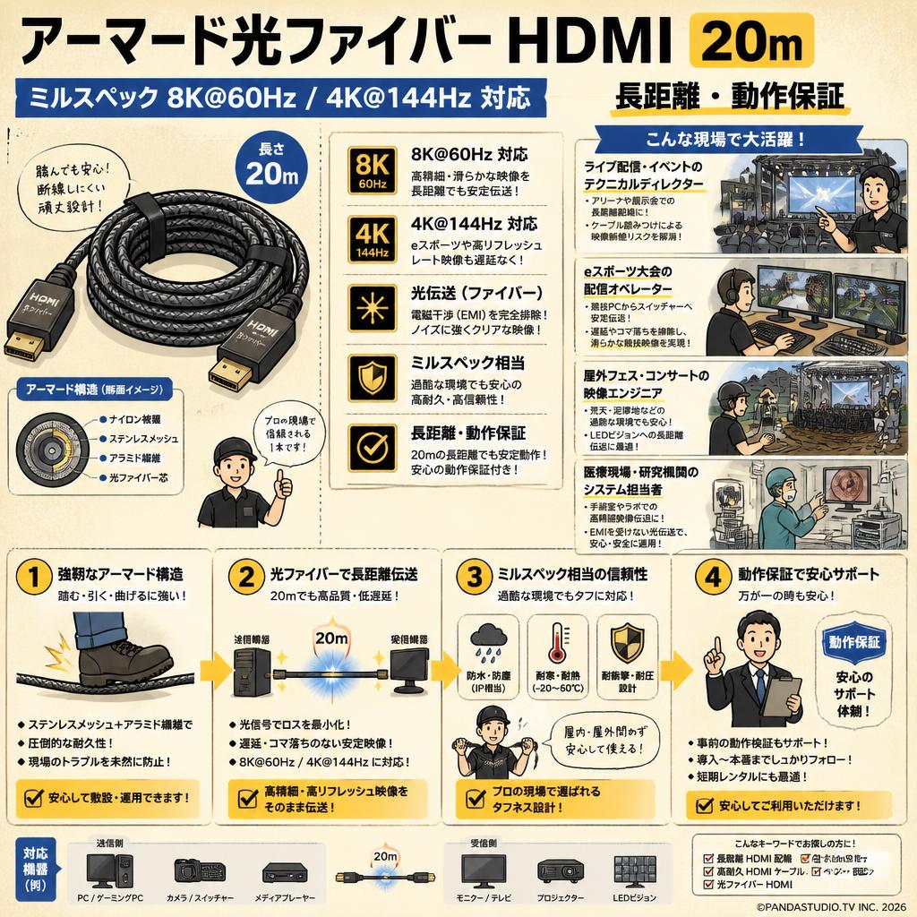 アーマード光ファイバー HDMI 20m ミルスペック 8K@60Hz / 4K@144Hz 対応 長距離・動作保証 おもな対象のお客様