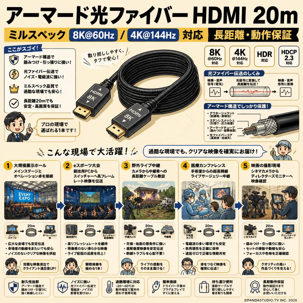 アーマード光ファイバー HDMI 20m ミルスペック 8K@60Hz / 4K@144Hz 対応 長距離・動作保証 用途