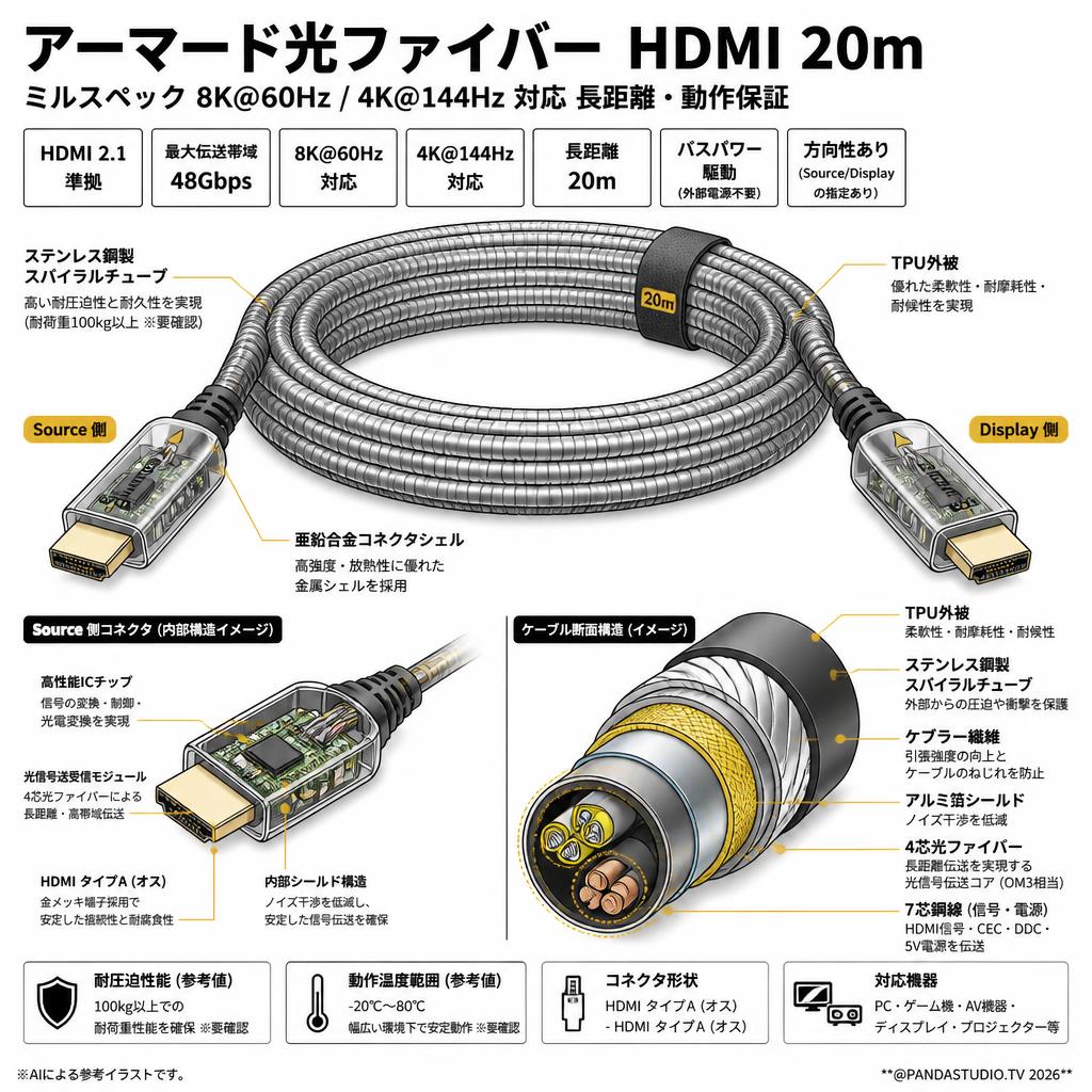 アーマード光ファイバー HDMI 20m ミルスペック 8K@60Hz / 4K@144Hz 対応 長距離・動作保証 スペック