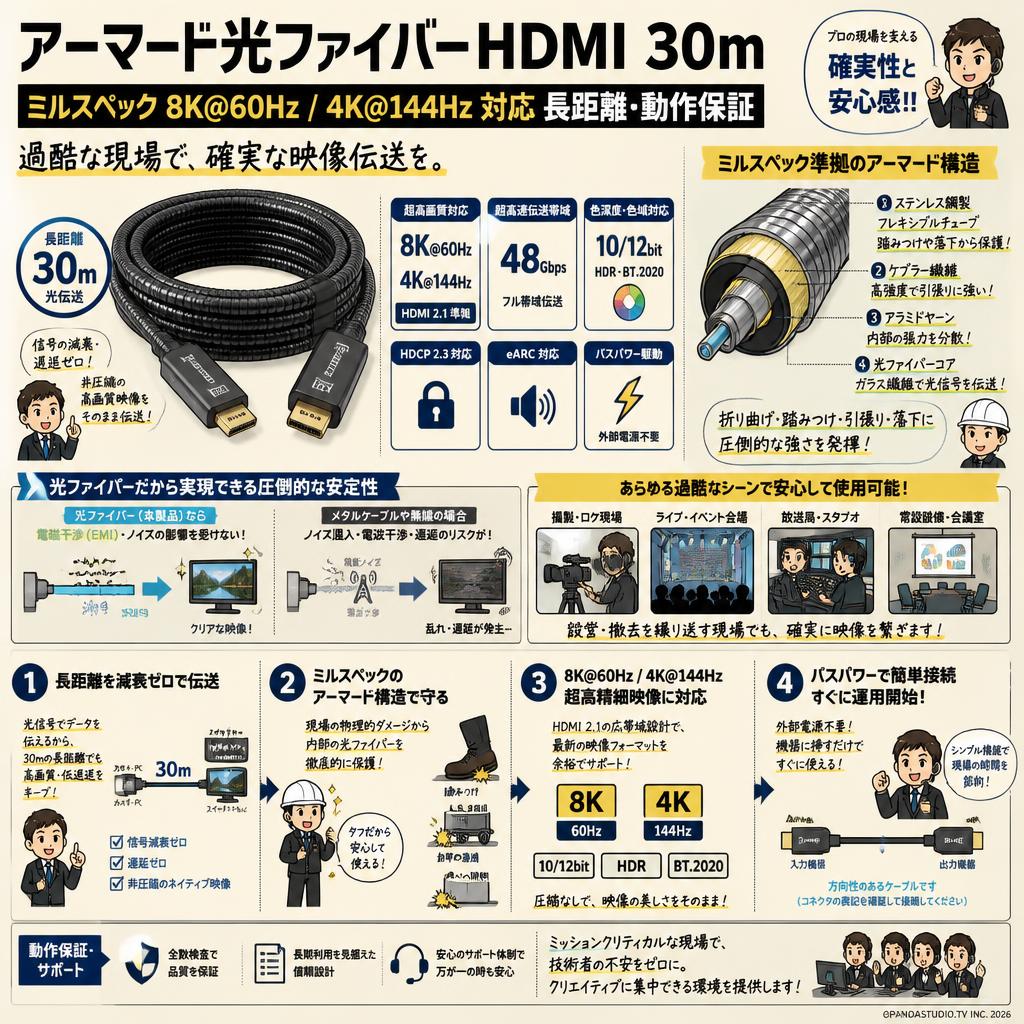 アーマード光ファイバー HDMI 30m ミルスペック 8K@60Hz / 4K@144Hz 対応 長距離・動作保証 概要