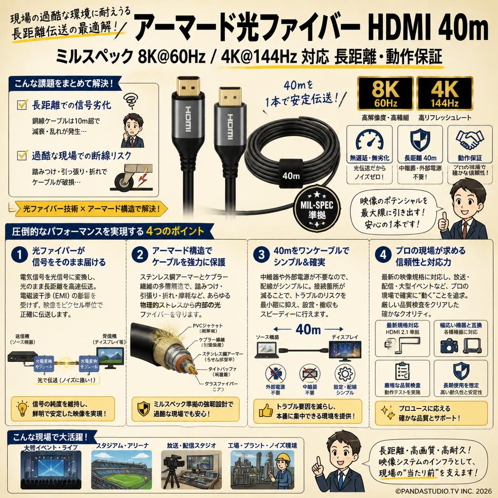 アーマード光ファイバー HDMI 40m ミルスペック 8K@60Hz / 4K@144Hz 対応 長距離・動作保証 概要