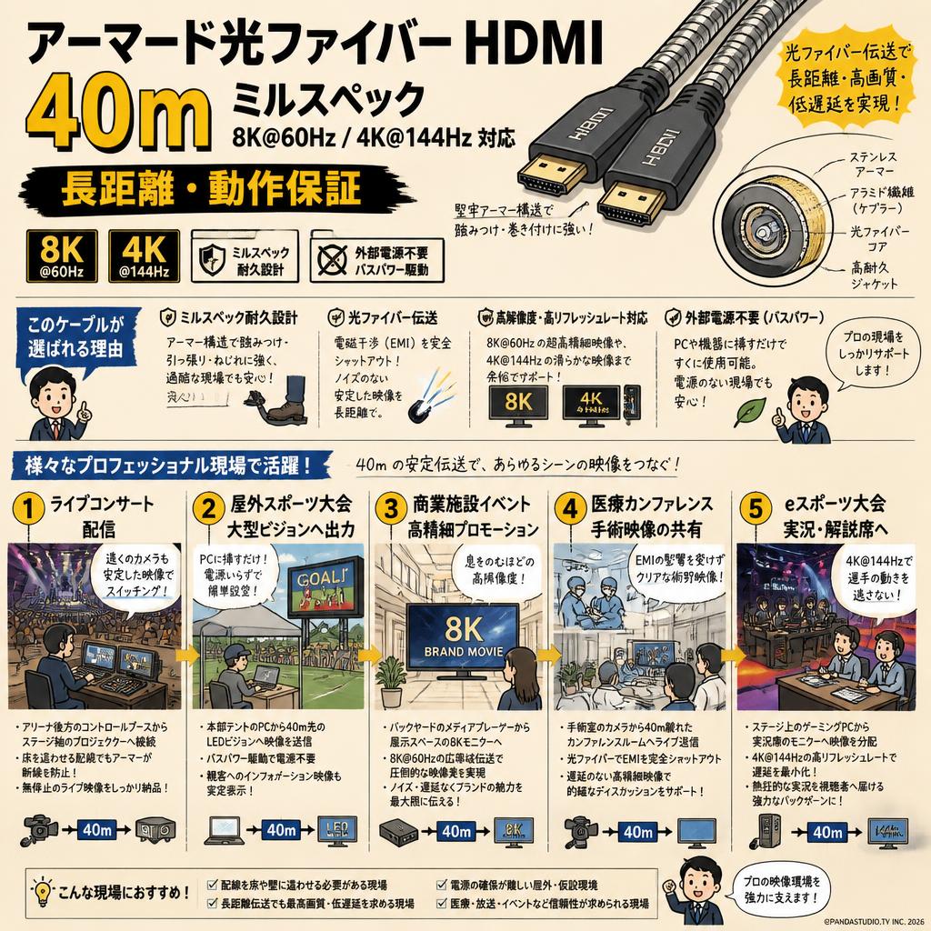 アーマード光ファイバー HDMI 40m ミルスペック 8K@60Hz / 4K@144Hz 対応 長距離・動作保証 用途