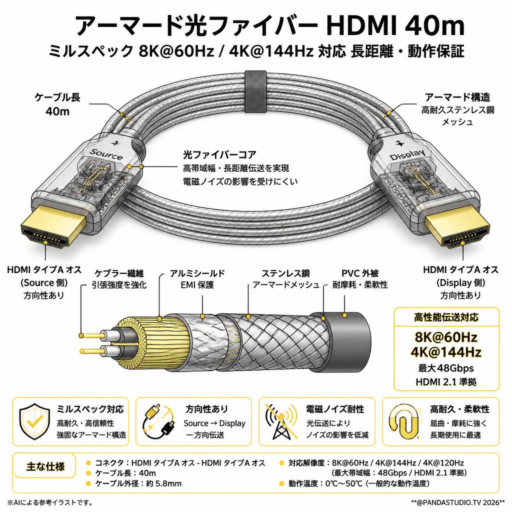 アーマード光ファイバー HDMI 40m ミルスペック 8K@60Hz / 4K@144Hz 対応 長距離・動作保証 スペック