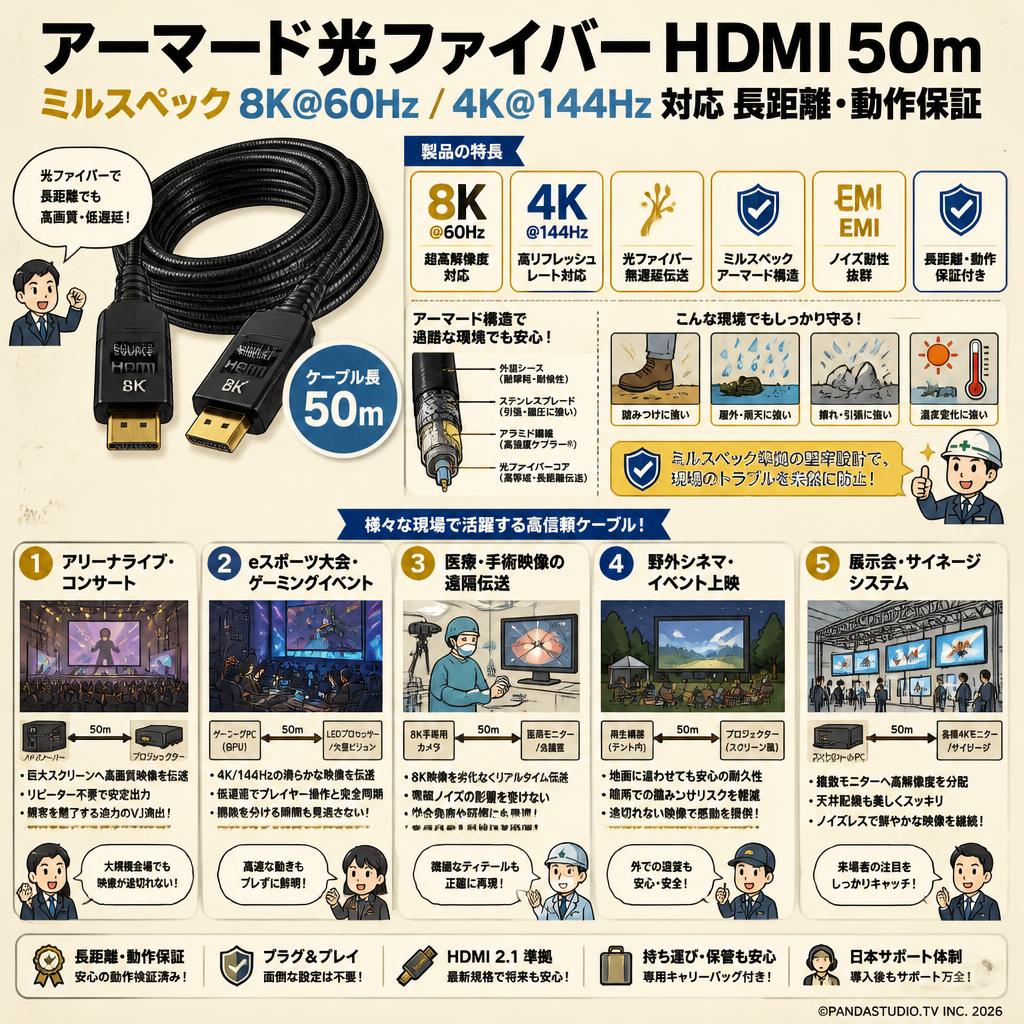 アーマード光ファイバー HDMI 50m ミルスペック 8K@60Hz / 4K@144Hz 対応 長距離・動作保証 用途