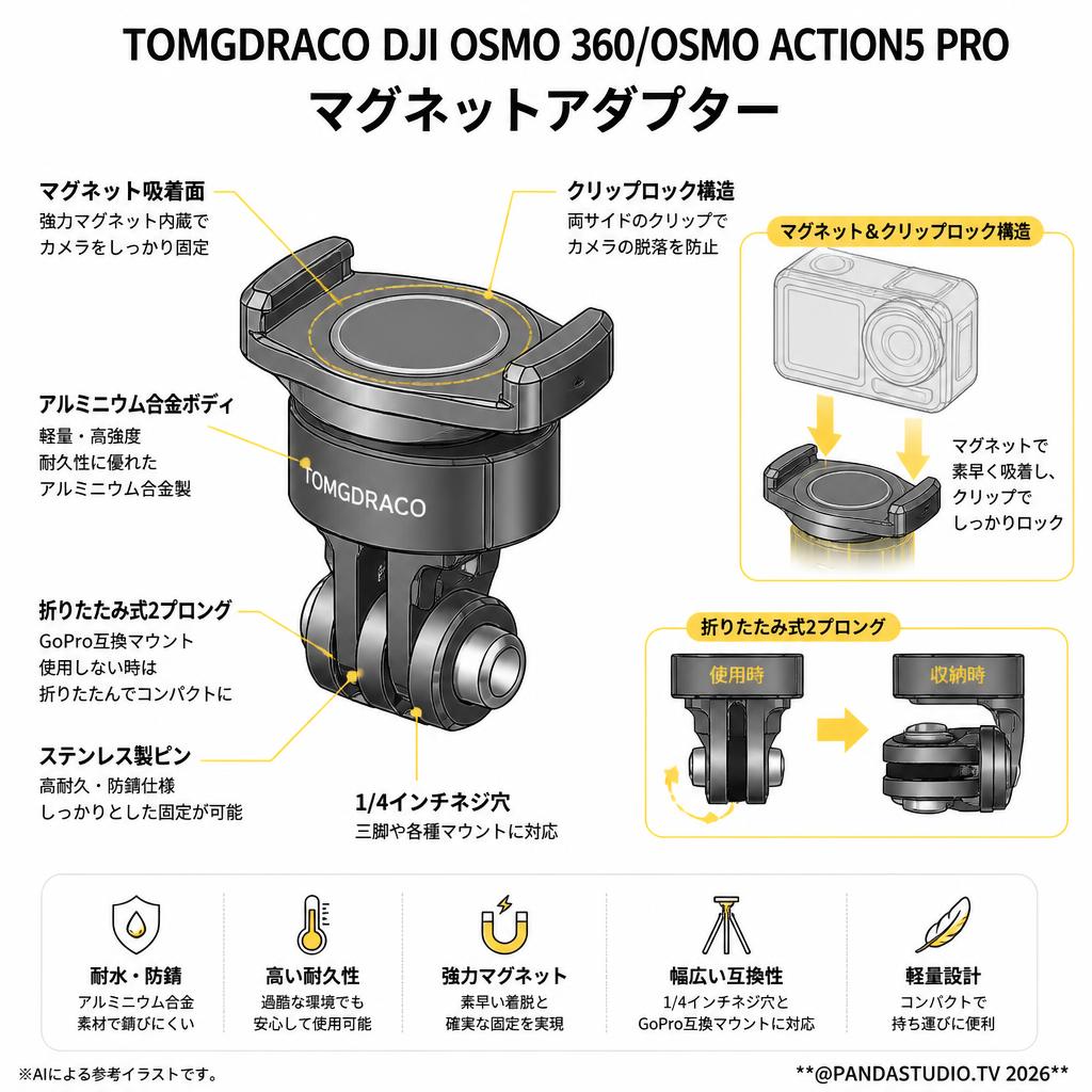TOMGDRACO DJI OSMO 360/OSMO ACTION5 PRO マグネットアダプター スペック