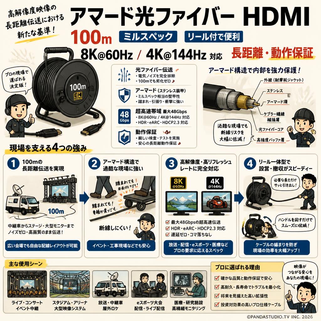 アマード光ファイバー HDMI 100m ミルスペック リール付で便利 8K@60Hz / 4K@144Hz 対応 長距離・動作保証 概要