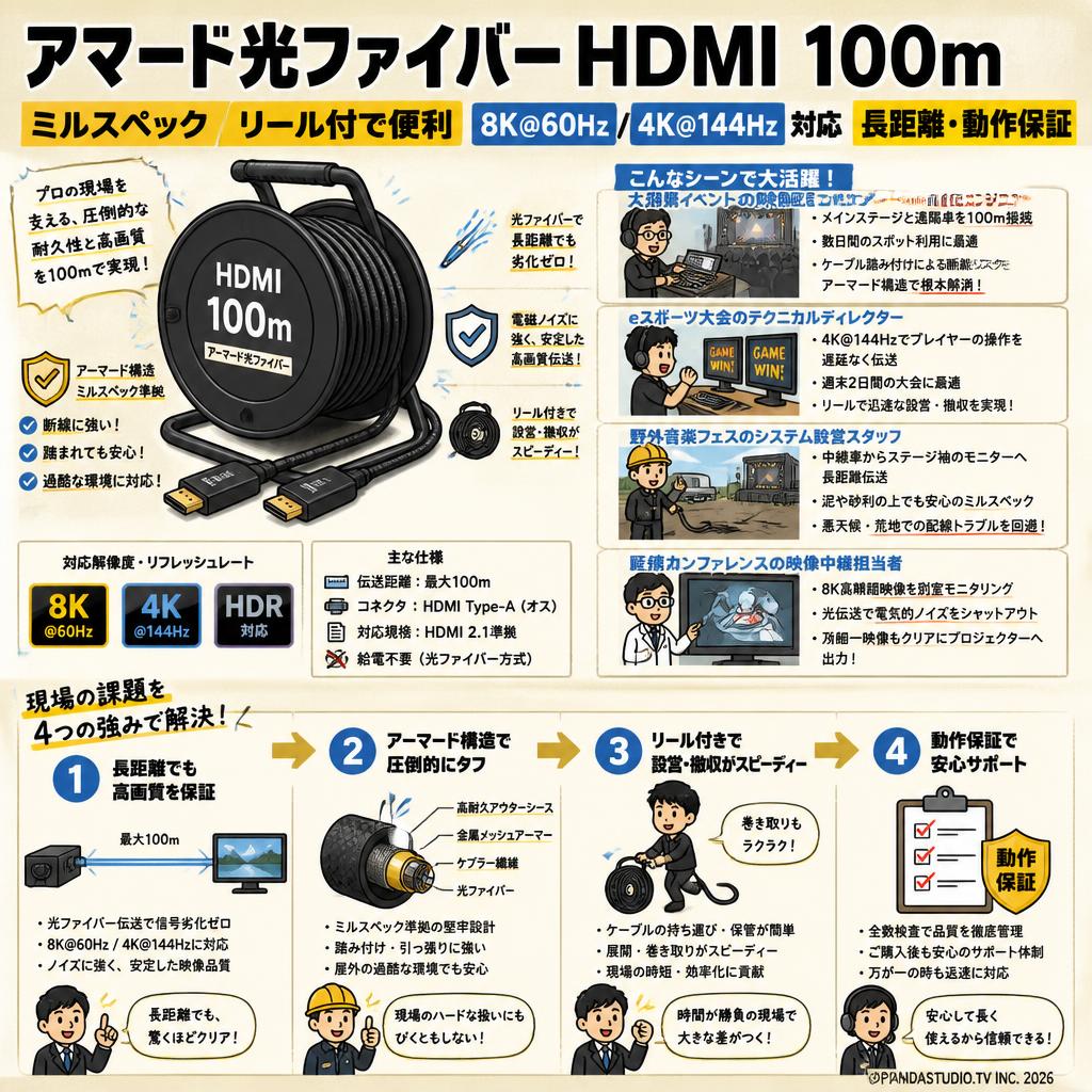 アマード光ファイバー HDMI 100m ミルスペック リール付で便利 8K@60Hz / 4K@144Hz 対応 長距離・動作保証 おもな対象のお客様