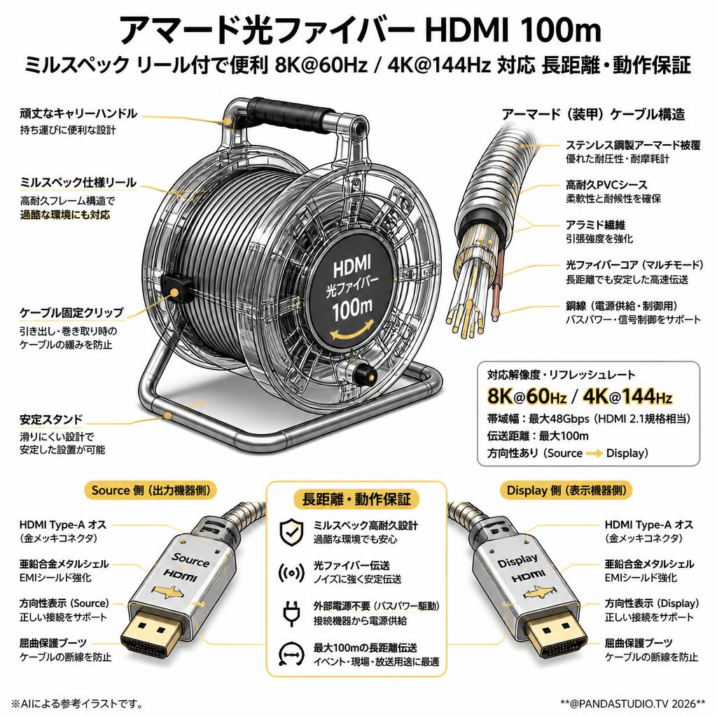 アマード光ファイバー HDMI 100m ミルスペック リール付で便利 8K@60Hz / 4K@144Hz 対応 長距離・動作保証 スペック