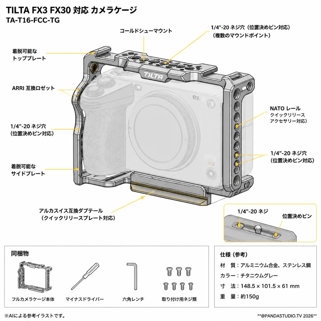 TILTA FX3 FX30 対応 カメラ ケージ TA-T16-FCC-TG スペック
