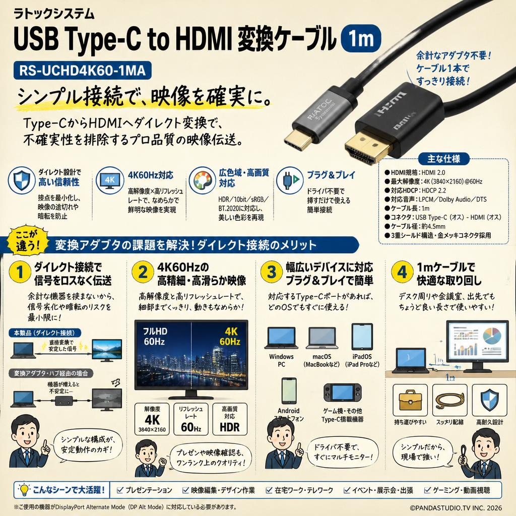 ラトックシステム USB Type-C to HDMI 変換ケーブル　1m　RS-UCHD4K60-1MA 概要
