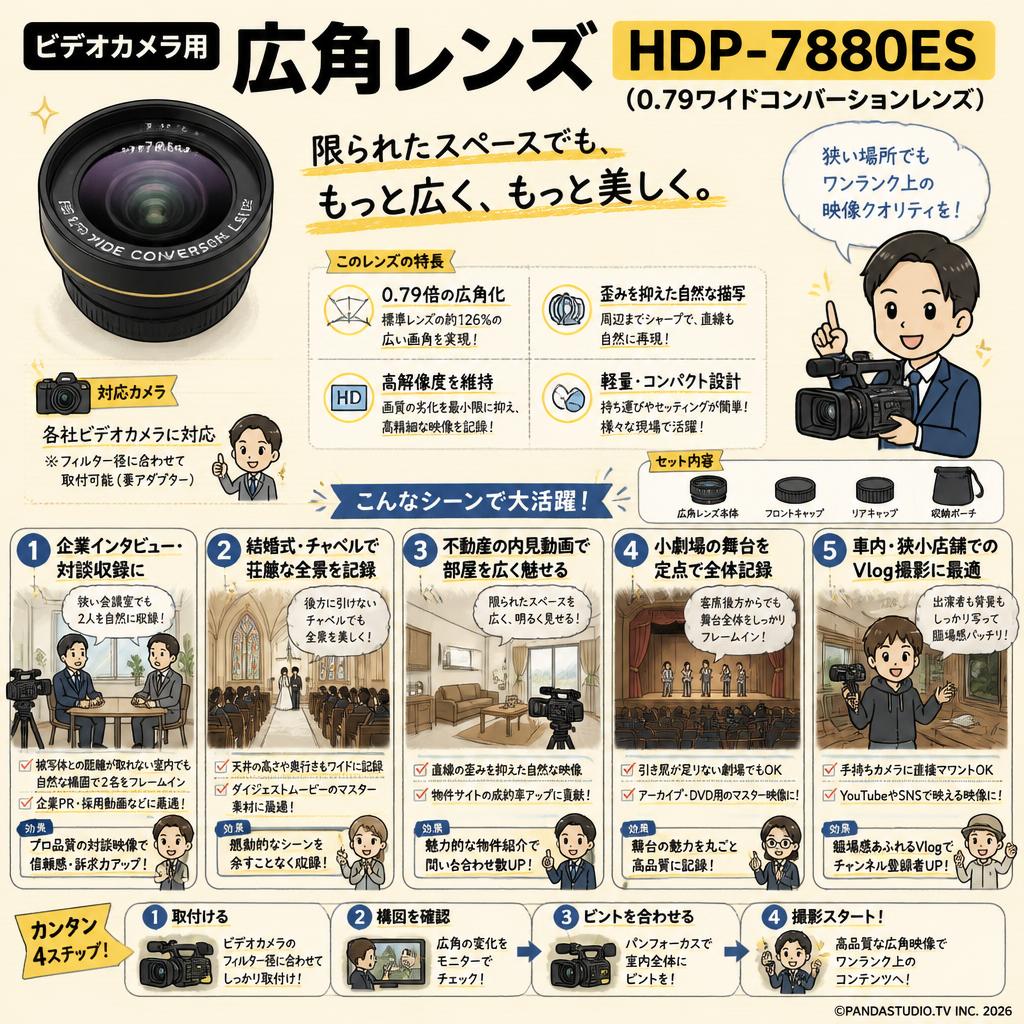 ビデオカメラ用 広角レンズ  HDP-7880ES(0.79ワイドコンバーションレンズ) 用途