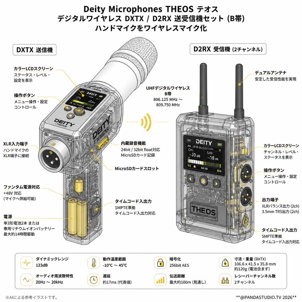 Deity Microphones THEOS テオス デジタルワイヤレス  DXTX /  D2RX 送受信機セット DG040A0377 (B帯) ハンドマイクをワイヤレスマイク化 スペック