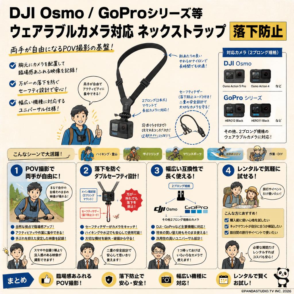 DJI Osmo Goproシリーズ等ウェアラブルカメラ対応 ネックストラップ 落下防止 概要